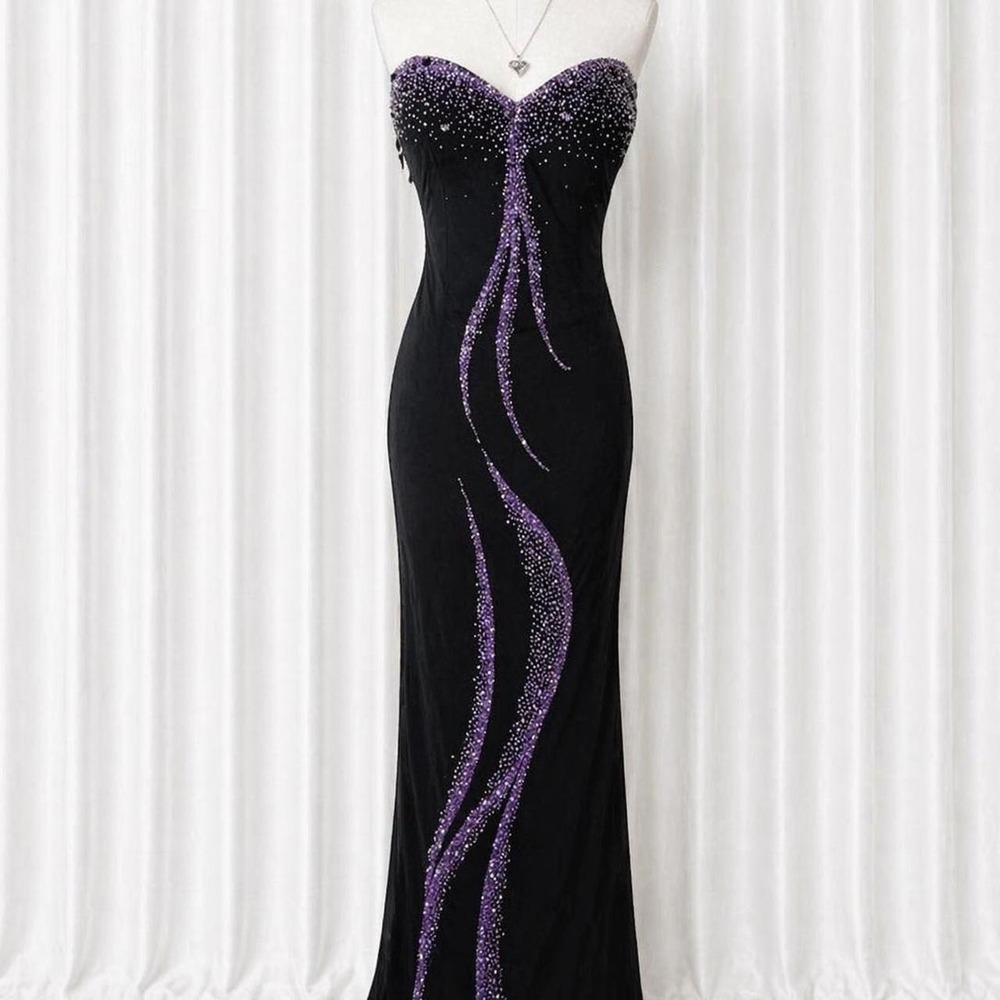 y2k black purple beaded strapless maxi dress